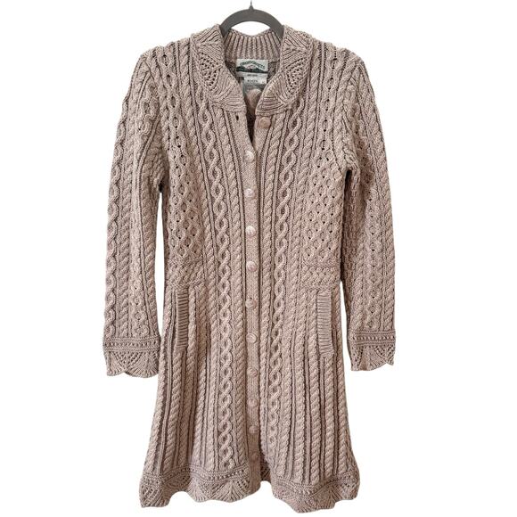 NWOT Aran Crafts 100% Merino Wool Scallop Edge Coat Beige Tan Size Small - Picture 1 of 8